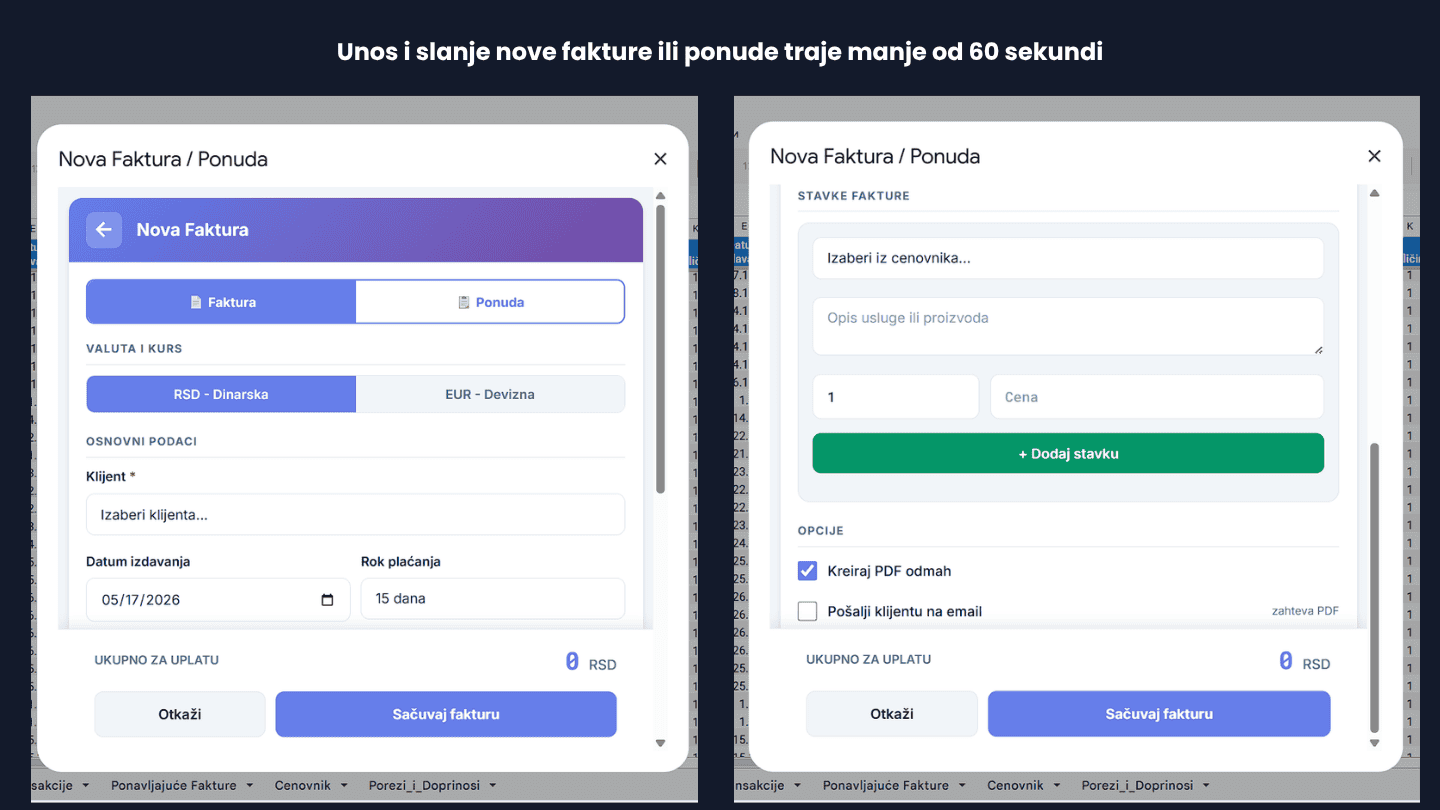 Unos i slanje nove fakture ili ponude traje manje od 60 sekundi