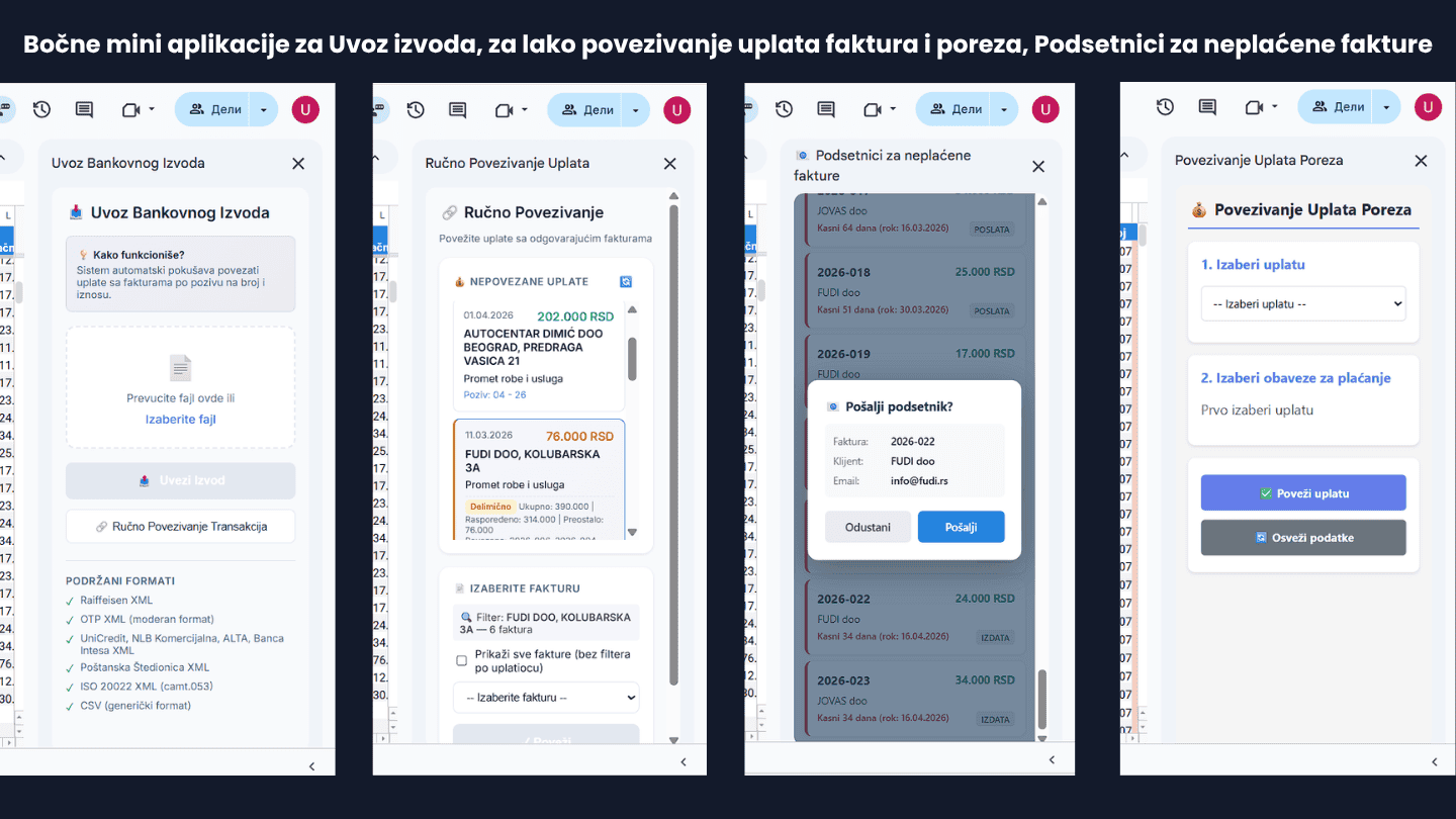 Bočne mini aplikacije za Uvoz izvoda, za lako povezivanje uplata faktura i poreza, Podsetnici za neplaćene fakture
